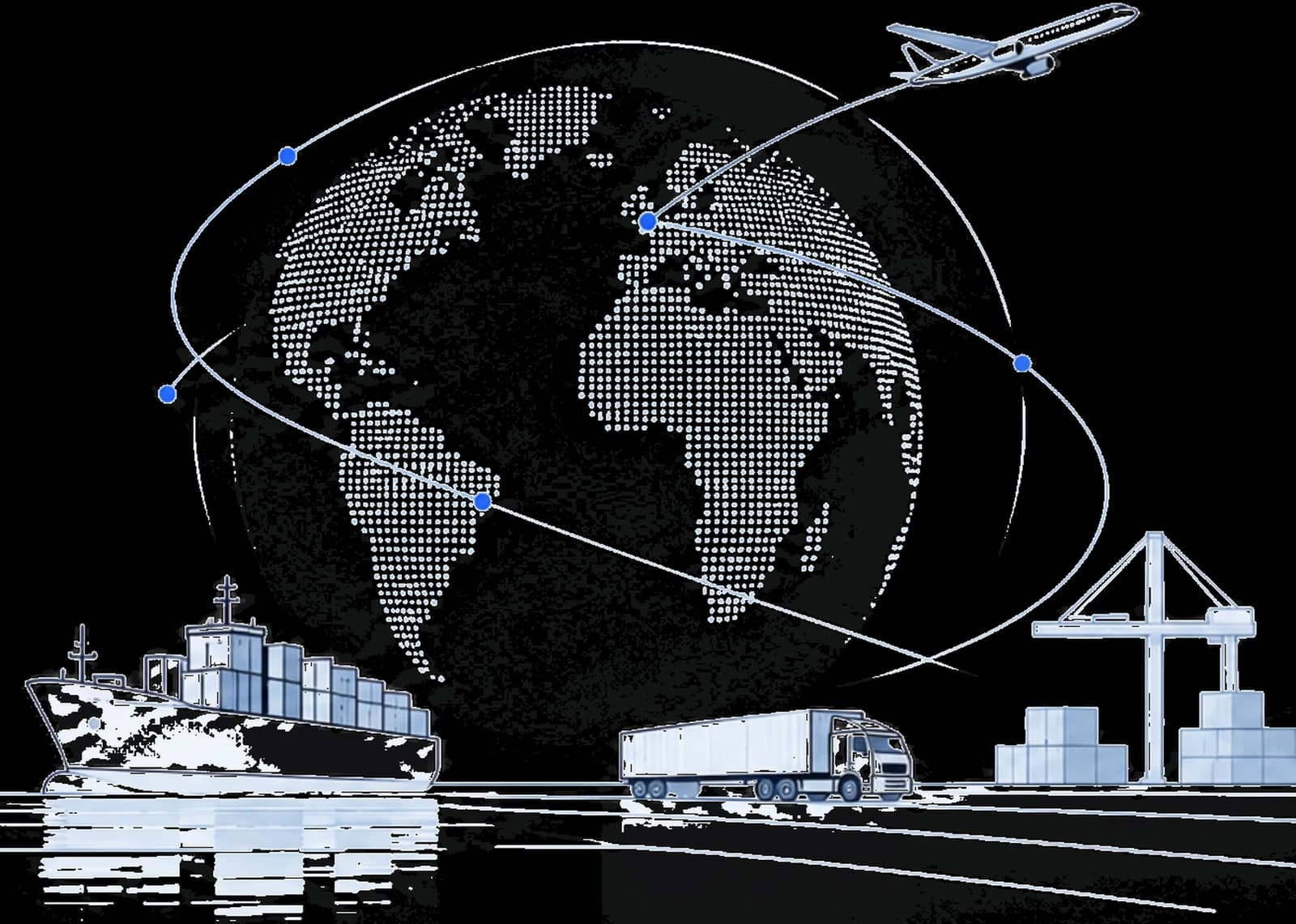 Global trade lanes across sea, road and air freight